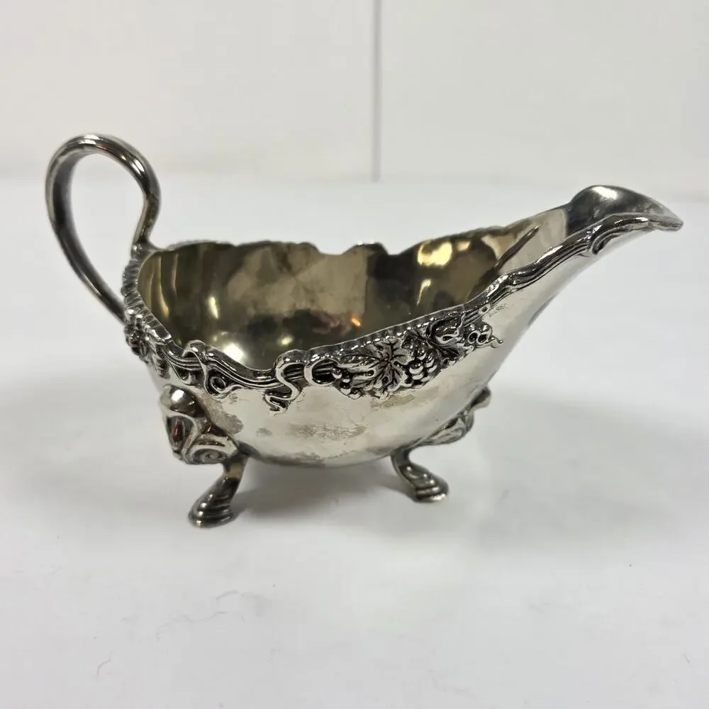 Vintage Godinger Silverplate Gravy Boat Ornate Floral Scroll Footed Serving